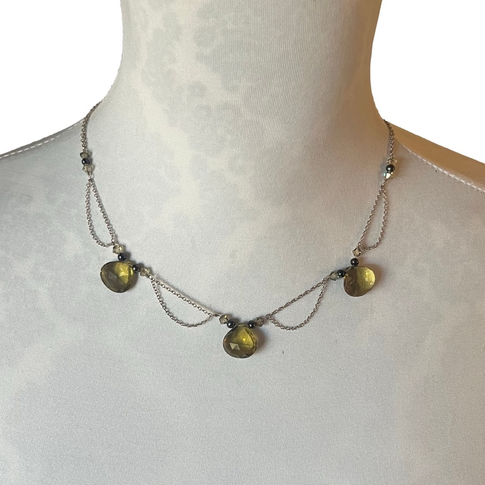 Dainty Layered Chain Necklace with Olive Green Glass Charms